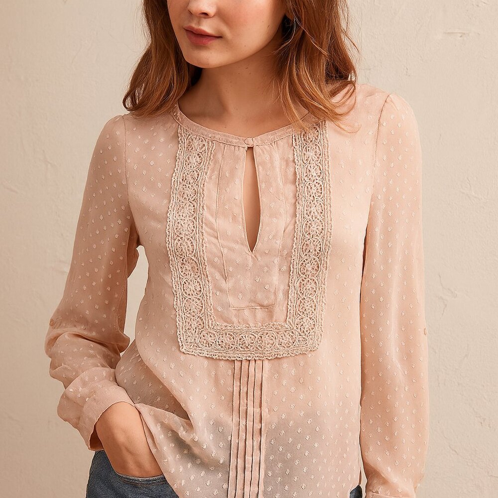 Anthropologie Daniel Rainn Lace Sheer Polka Dot Blouse Boho Coquette Cottage S